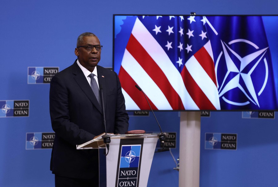 US Secretary of State for Defence Lloyd Austin addresses media representatives on the second day of a NATO Defence Ministers meeting in Brussels on October 22, 2021. -AFP PIC