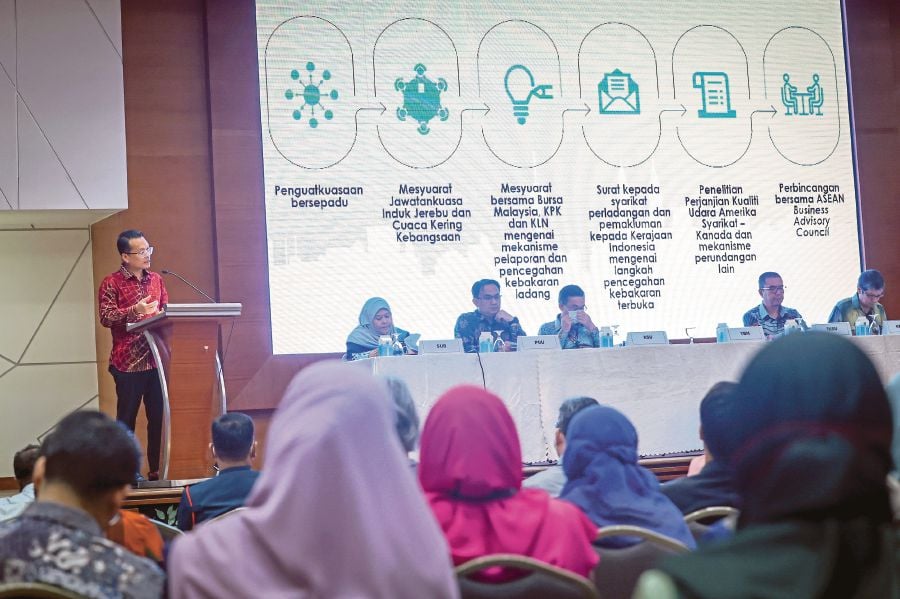 Natural Resources and Environment Sustainability Minister Nik Nazmi Nik Ahmad speaking at the ministry’s transboundary haze solution town hall session with stakeholders in Putrajaya yesterday. - BERNAMA PIC 