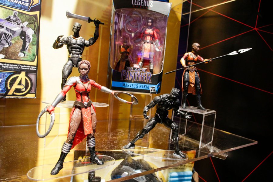 Black Panther toys are displayed to attendees at the Hasbro showroom during the annual New York Toy Fair, on February 20, 2018, in New York. (AFP PHOTO / EDUARDO MUNOZ ALVAREZ) 