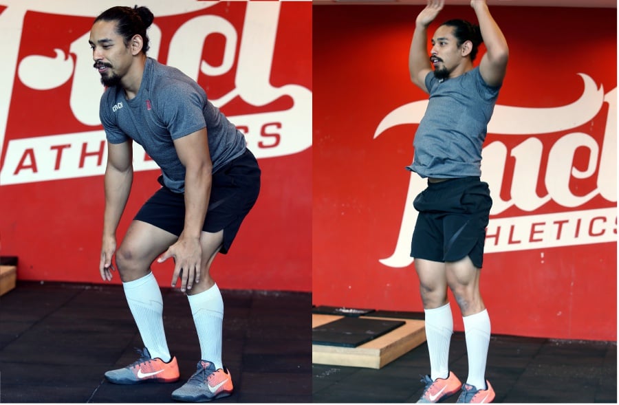 To end a burpee, raise your body, lift your hands upwards and jump.