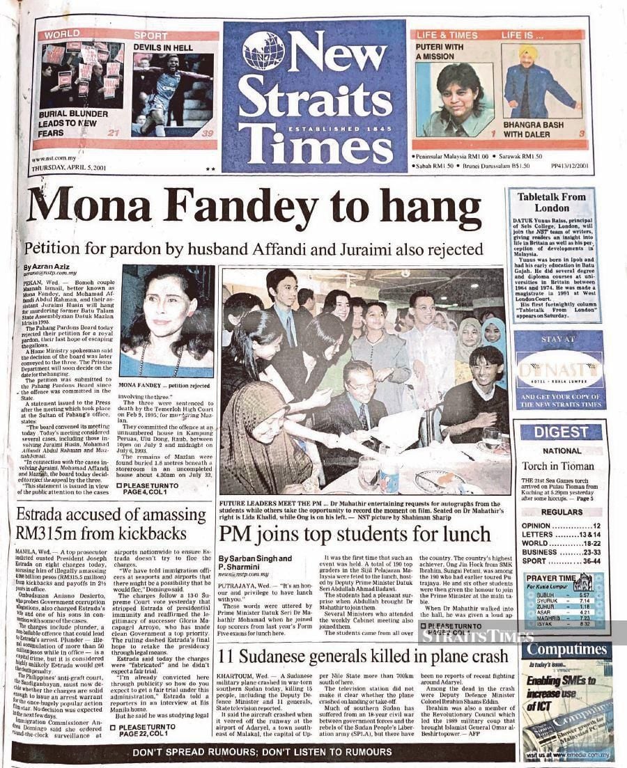 The front-page of the ‘New Straits Times’ featuring a story on Mona Fandey. 