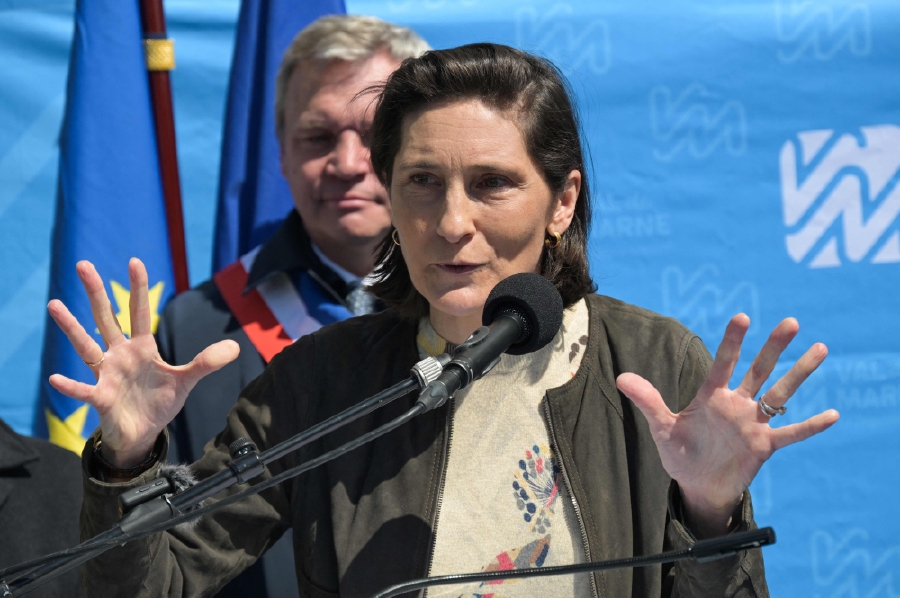 France's Minister for Sports and Olympics Amelie Oudea-Castera gestures as she delivers a speech during the inauguration ceremony of the Departmental River Water Treatment Station in Champigny-sur-Marne near Paris, on April 23, 2024. AFP PIC