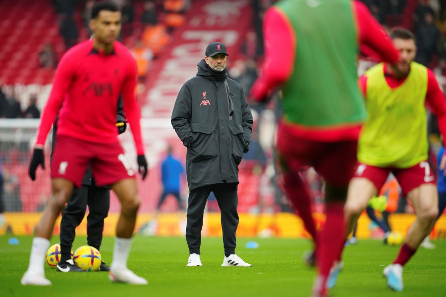 Liverpool's manager Jurgen Klopp watches his players warm up before the English Premier League soccer match between Liverpool and Chelsea at Anfield stadium in Liverpool, England, Saturday, Jan. 21, 2023. - AP PIC