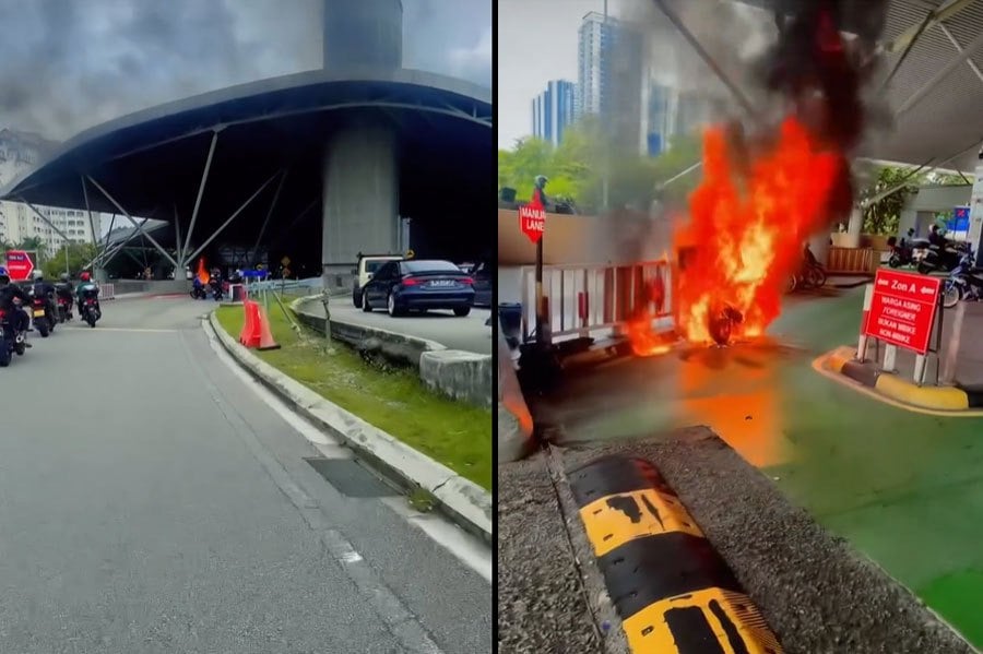 A video clip showing a motorcycle engulfed in flames at a Customs, Immigration, and Quarantine Complex in Johor has gone viral on social media, sparking debate over the emergency response and protocols at the premises. PIC SCREEN CAPTURED FROM SOCMED VIDEO