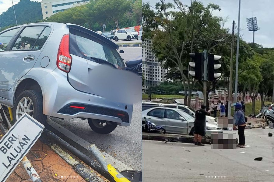 Five people were injured in a crash involving seven vehicles in Jalan Bukit Gambir here this afternoon. PIC CREDIT TO SOCMED