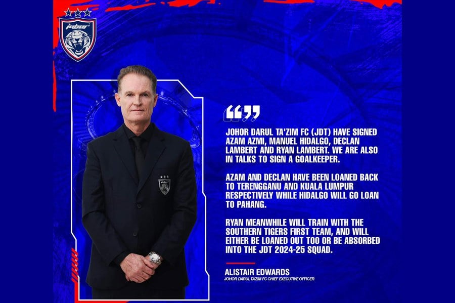 JDT have confirmed that they have completed the signings of former Kedah striker Manuel Hidalgo, KL City’s Declan Lambert and Ryan Lambert, and Terengganu defender Azam Azmi. PIC COURTESY OF JOHOR Southern Tigers