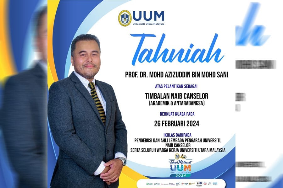 Political analyst Prof Dr Mohd Azizuddin Mohd Sani has been appointed as Universiti Utara Malaysia (UUM) deputy vice-chancellor (Academic and International Affairs) effective from Feb 26 this year until Feb 25, 2026. PIC COURTESY OF UUM