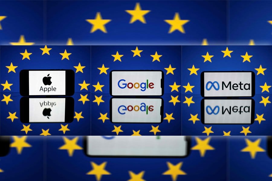 A screen displaying (from L) the Apple logo, the Google logo and the Meta logo and the European flag. The EU hit Apple, Google parent Alphabet and Meta on March 25, 2024 with the first ever probes under a mammoth digital law, which could lead to big fines against the US giants. AFP FILE PIC