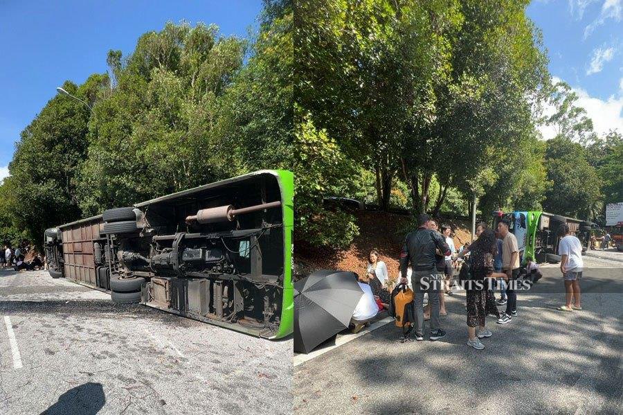 The 32-year-old driver, who was behind the wheel of a tour bus which landed on its side killing two passengers at Km 16.5 of Jalan Genting-Bentong near here today, does not have a driving licence. Courtesy pic