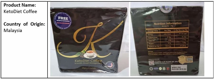 The Singapore Food Agency advised consumers against buying or using the product, “KetoDiet Cofee” as it was found to be adulterated with Sibutramine. Pic credit: Singapore Food Agency 