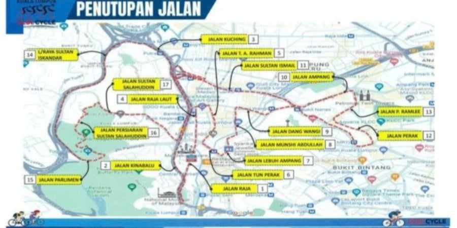 Police say 17 roads in Kuala Lumpur will be closed on Sunday for the OCBC Cycle event. Graphics courtesy of Kuala Lumpur police