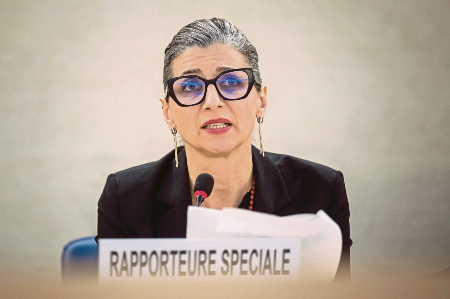United Nations special rapporteur Francesca Albanese delivering her report at the UN Human Rights Council in Geneva, Switzerland, on Tuesday. AFP PIC 