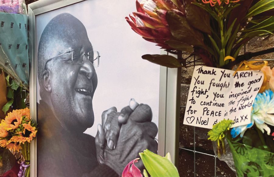 A photograph of the late Archbishop Emeritus Desmond Tutu seen outside the St George’s Cathedral, Cape Town in South Africa on Monday. EPA PIC