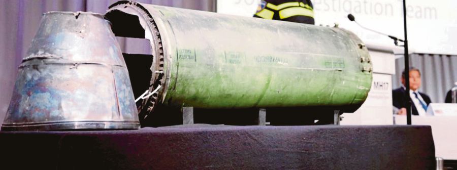 (File pix) A damaged missile displayed during a news conference by the Joint Investigation Team recently. The team presented interim results in the ongoing investigation of the downing of MH17. Reuters Photo