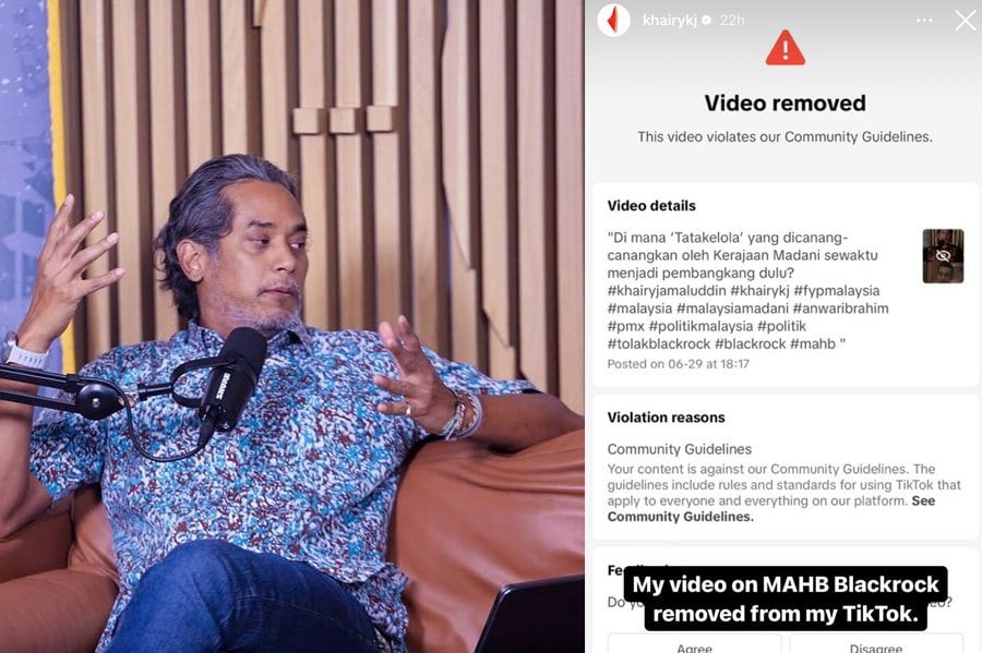 Two video clips featuring former Umno leader Khairy Jamaluddin discussing contentious issues related to Malaysia Airports Holdings Berhad (MAHB) and BlackRock were removed by TikTok, citing alleged violations of community guidelines. PIC CREDIT TO KS/KHAIRY JAMALUDDIN