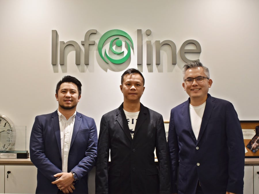 (From left) Infoline Tec Group Bhd chief marketing officer Arthur Too, chief executive officer Choo Wei Chuen and chief operating officer Loo Wai Hong.