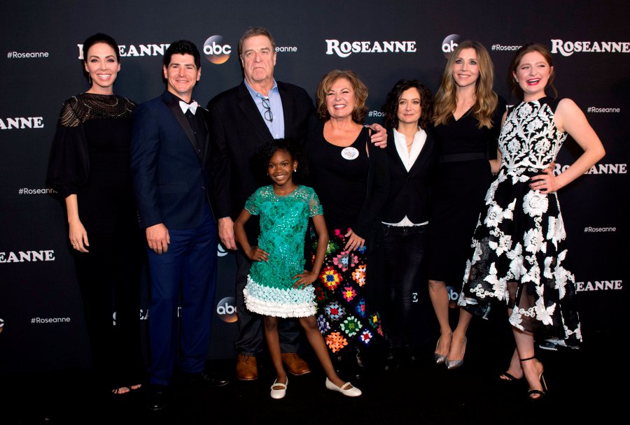 (Left to right) Executive producer Whitney Cummings, actors Michael Fishman, John Goodman, Jayden Rey, Roseanne Barr, Sara Gilbert, Sarah Chalke and Emma Kenney attend The Roseanne Series Premiere at the The Walt Disney Studios on in Burbank, California. Hit US working-class comedy "Roseanne" returns after a two-decade hiatus with the eponymous star now a pill-popping, Trump-voting grandmother winning largely positive reviews in a sharply polarised America. AFP