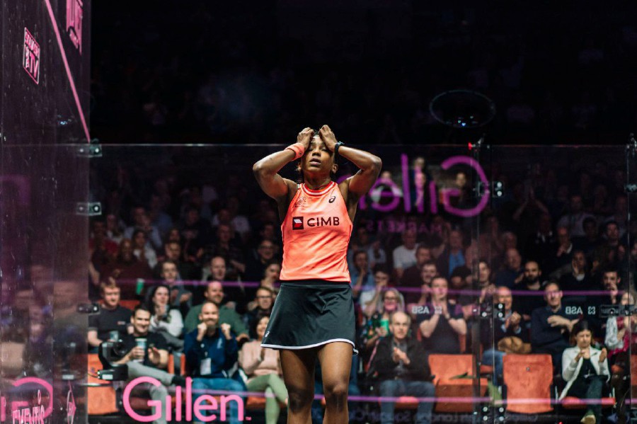 S. Sivasangari celebrating after overcoming Nour El Sherbini of Egypt in the quarter-finals of the London Classic on Saturday. PIC FROM PSA TOUR