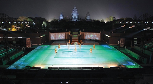 Video mapping at the Prambanan Temple to depict the origin of the Prambanan Temple in Yogjakarta, Indonesia.