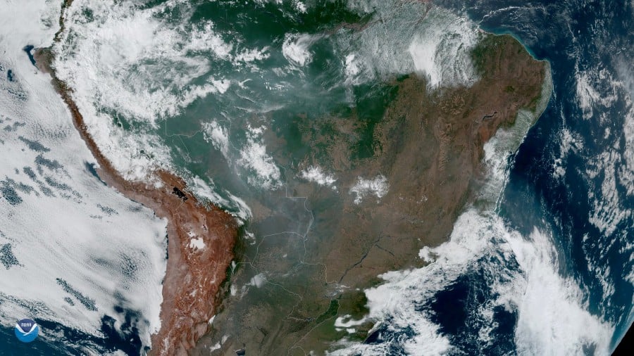 Fires, burning in the Amazon Rainforest, are pictured from space, captured by the geostationary weather satellite GOES-16 on August 21, 2019 in this handout image obtained from social media. (NASA/NOAA/Handout via REUTERS)