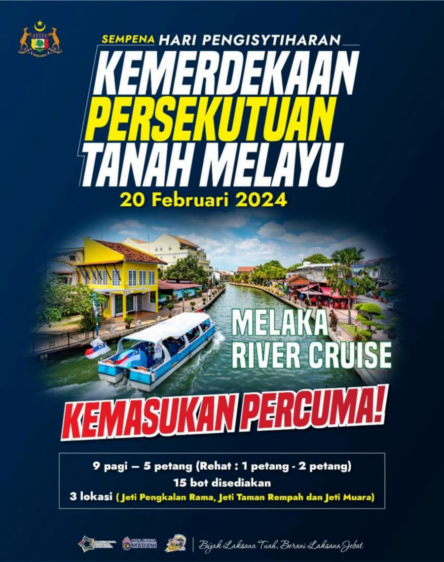 The Melaka River Cruise will be free to all Malaysian citizens on Feb 20. - File pic credit (Ab Rauf Yusoh Facebook)