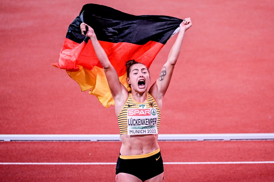  Gina Lueckenkemper of Germany celebrates after winning the women's 100m final during the Athletics events at the European Championships Munich 2022, Munich, Germany. - EPA PIC