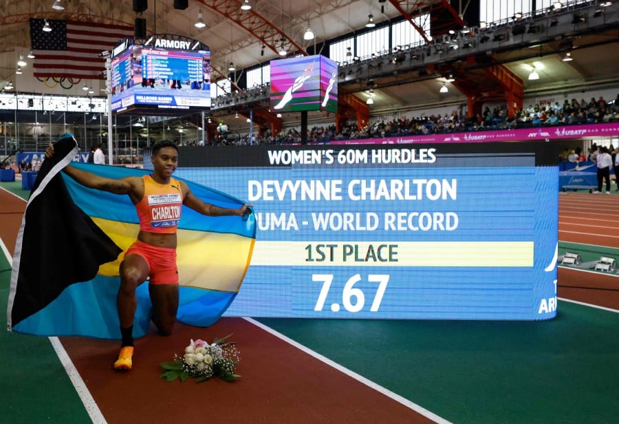 Devynne Charlton of the Bahamas sets the worlds record of 7.67 winning the Women's 60m Hurdles during the 116th Millrose Games at The Armory Track on February 11, 2024 in New York City. -AFP PIC