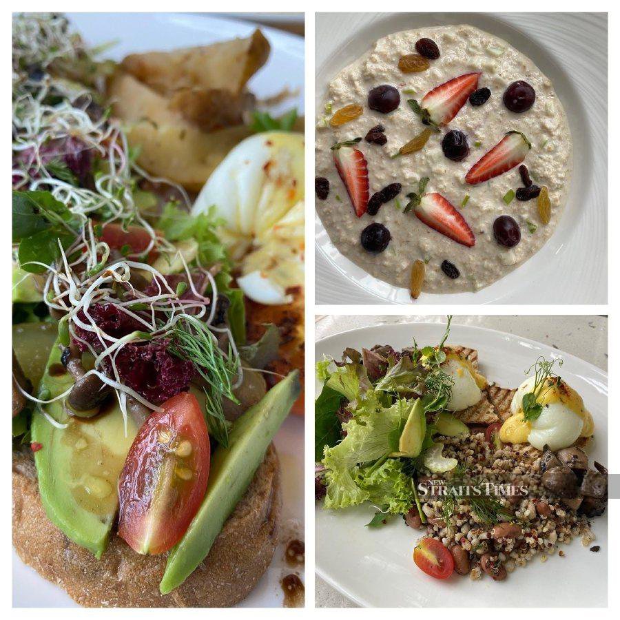 Healthy options - (from left, clockwise) Guacamole Toast Sandwich, Oatmeal Porridge and Grains, Greens, Beans and Egg.