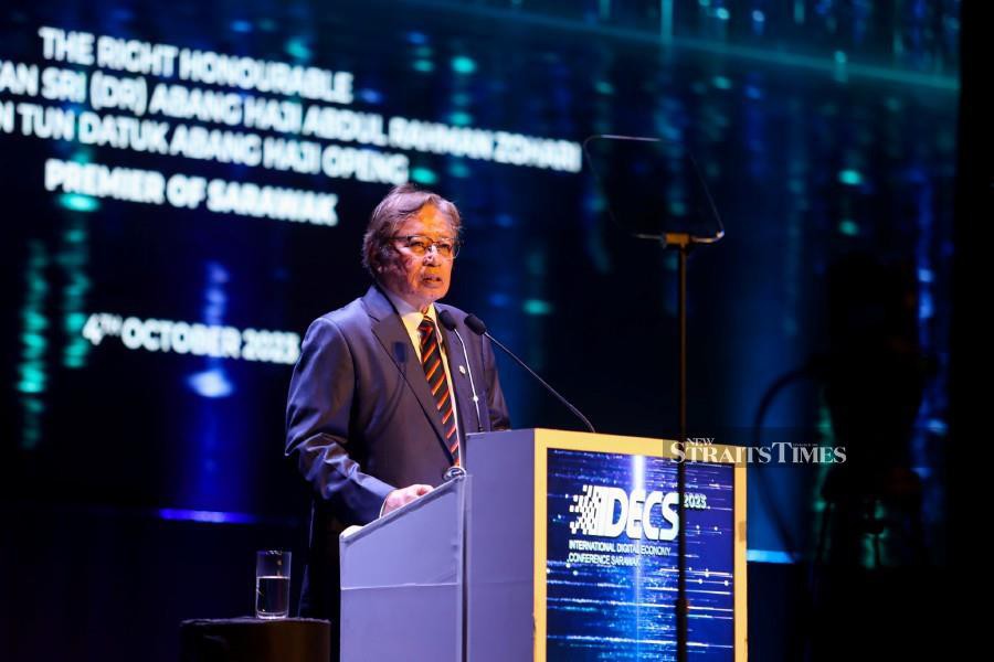 Sarawak premier Datuk Patinggi Tan Sri (Dr) Abang Abdul Rahman Zohari Tun Abang Openg giving his opening speech at the Opening Ceremony of WCIT|IDECS 2023.
