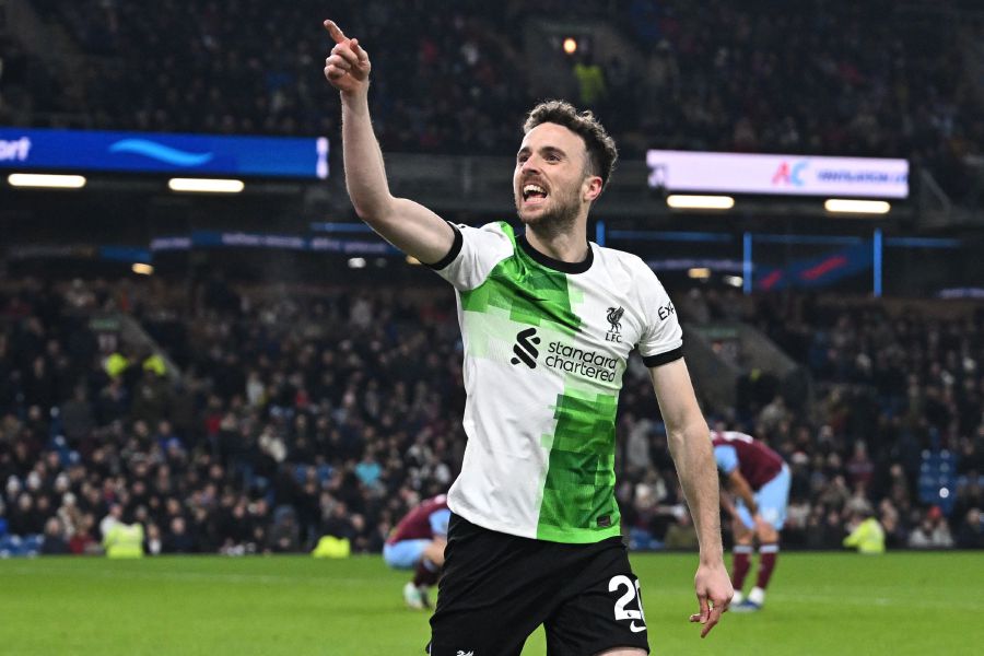 Liverpool's Diogo Jota celebrates after scoring their second goal during the English Premier League football match between Burnley and Liverpool at Turf Moor in Burnley. - AFP PIC