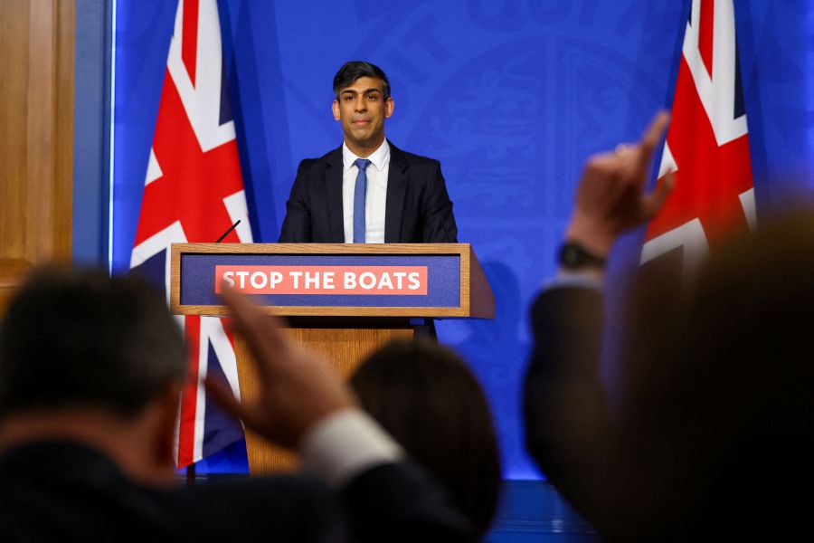 Britain's Prime Minister Rishi Sunak reacts as he answers journalists' questions during a press conference, at the Downing Street Briefing Room, in central London, on April 22, 2024. - AFP PIC