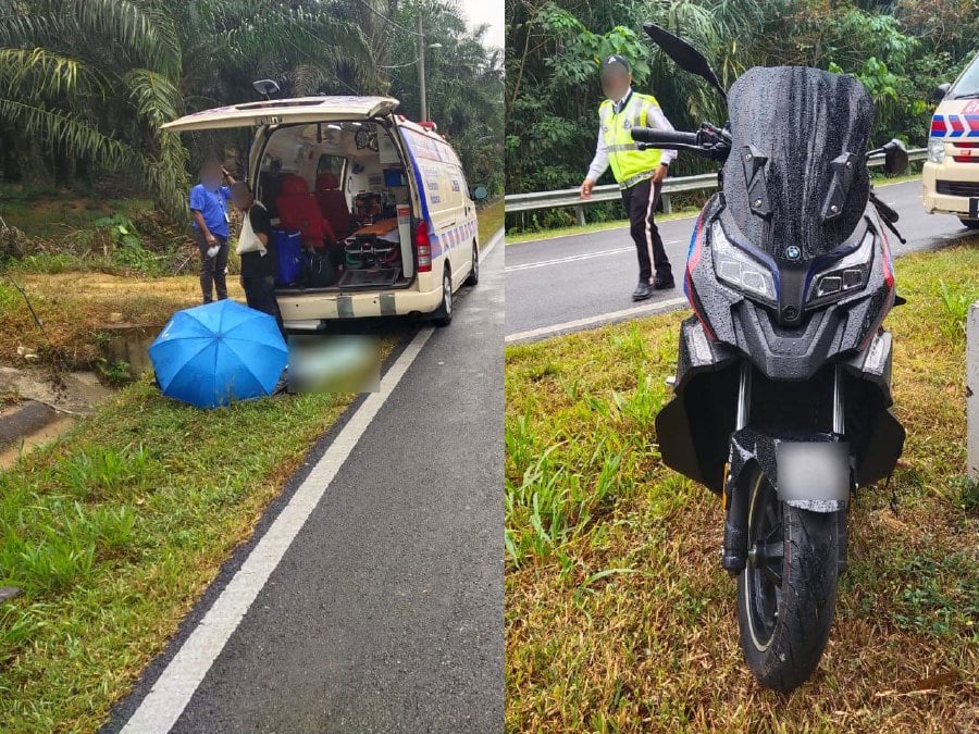 In the incident which occured at around 11.20am, the 51-year-old victim, along with her husband, were said to be traveling on a high-powered motorcycle from Ayer Molek, Melaka.- Pic courtesy PDRM
