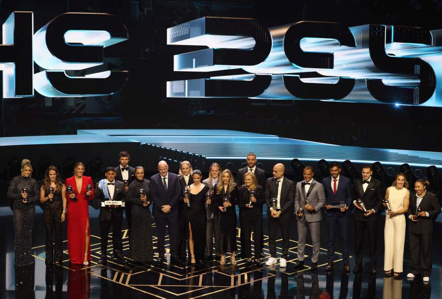 The evening's prize winners pose on stage with FIFA President Gianni Infantino (centre left) during the Best FIFA Football Awards 2023 ceremony in London on January 15, 2024. - AFP pic