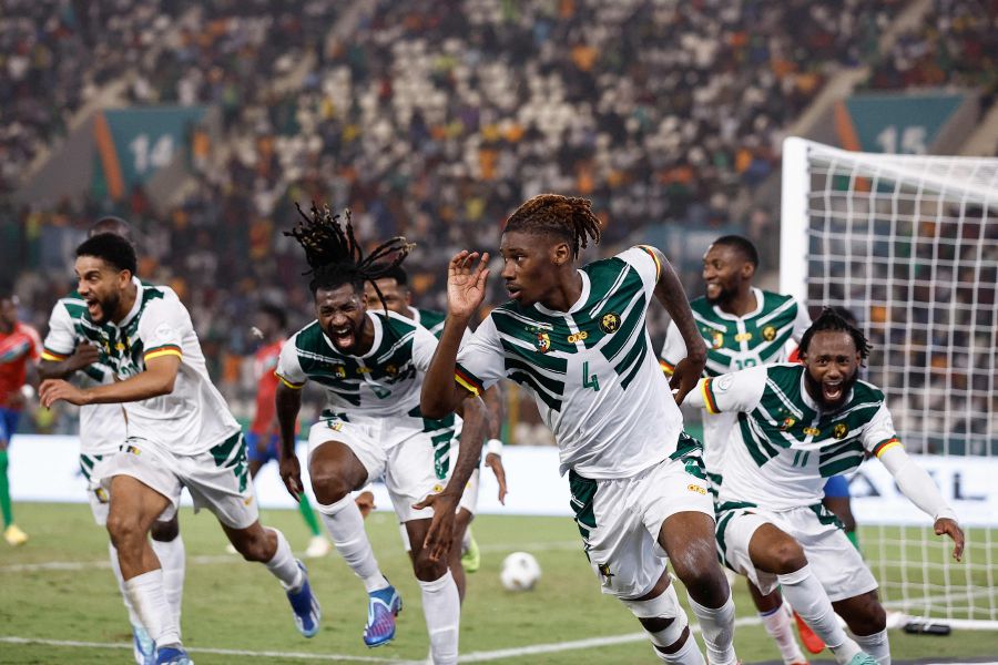 Cameroon's defender #4 Christopher Wooh celebrates scoring his team's third goal during the Africa Cup of Nations (CAN) 2024 group C football match between Gambia and Cameroonon January 23, 2024.- AFP pic