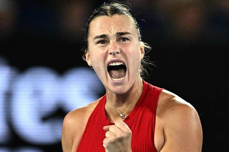 Belarus' Aryna Sabalenka reacts on a point against Czech Republic's Barbora Krejcikova during their women's singles quarter-final match on day 10 of the Australian Open tennis tournament in Melbourne on January 23, 2024. - AFP pic