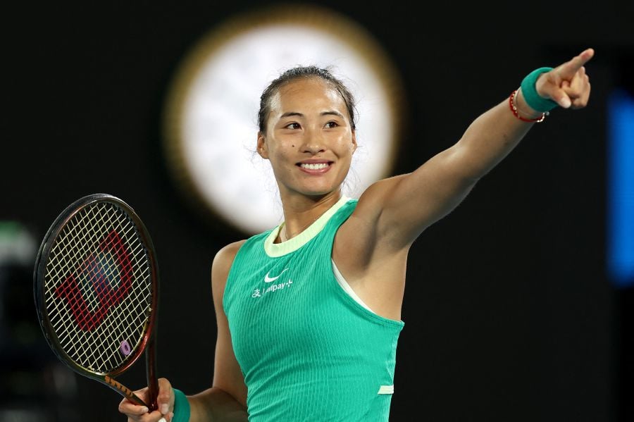 China's Zheng Qinwen celebrates victory against Russia's Anna Kalinskaya during their women's singles quarter-final match on day 11 of the Australian Open tennis tournament in Melbourne on January 24, 2024.- AFP pic