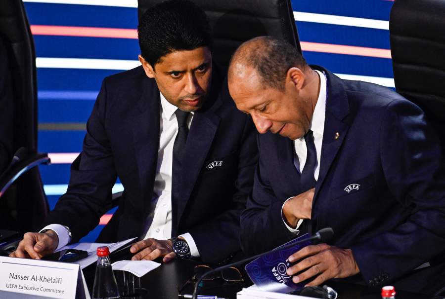 Paris Saint-Germain's Qatari president Nasser Al-Khelaifi (L) speaks with French Football Federation (FFF) President Philippe Diallo (R) during the 48th UEFA ordinary Congress held at the Maison de la Mutualite in Paris on February 8, 2024. - AFP pic