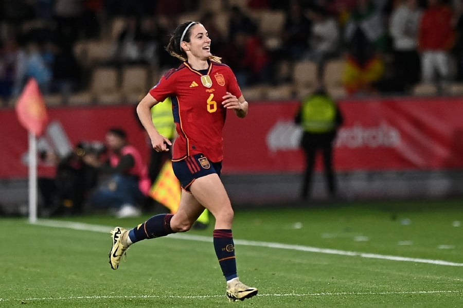 Spain's midfielder #06 Aitana Bonmati celebrates scoring her team's first goal during the UEFA Women's Nations League final football match between Spain and France at the La Cartuja stadium in Seville, on February 28, 2024. - AFP pic