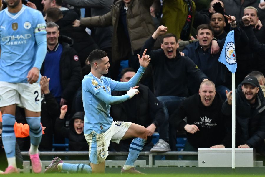 Manchester City's English midfielder #47 Phil Foden celebrates after scoring their second goal during the English Premier League football match between Manchester City and Manchester United. - AFP pic