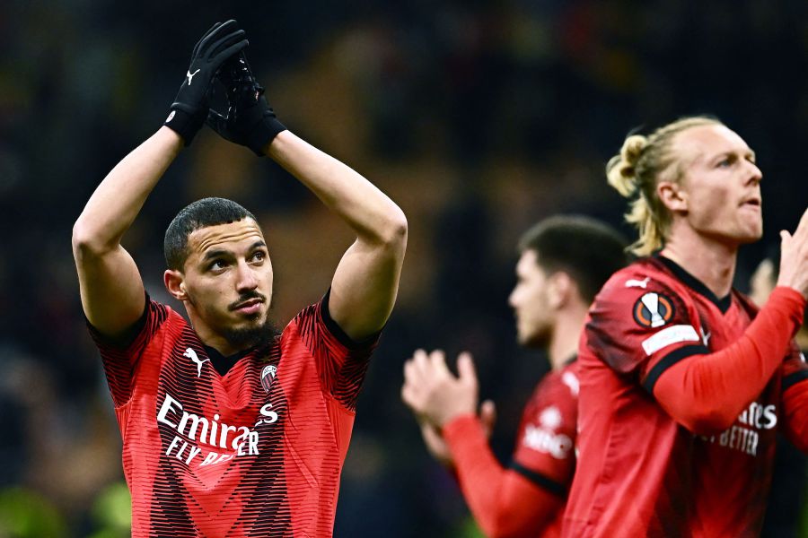 AC Milan's Algerian midfielder #04 Ismael Bennacer celebrates the victory at the end of the UEFA Europa League match, Round of 16, 1st leg, between AC Milan and SK Slavia Prague at the San Siro Stadium in Milan on March 7, 2024. - AFP pic