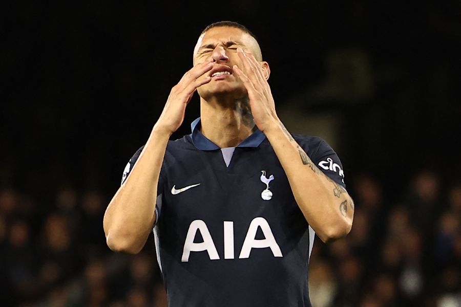 Tottenham Hotspur's Brazilian striker #09 Richarlison reacts to a missed chance during the English Premier League football match between Fulham and Tottenham Hotspur on March 16, 2024. - AFP pic
