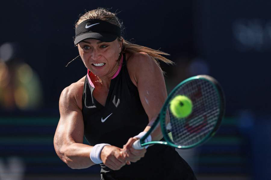 Paula Badosa of Spain returns a shot to Simona Halep of Romania during her women's singles match during the Miami Open at Hard Rock Stadium on March 19, 2024 in Miami Gardens, Florida. - AFP pic