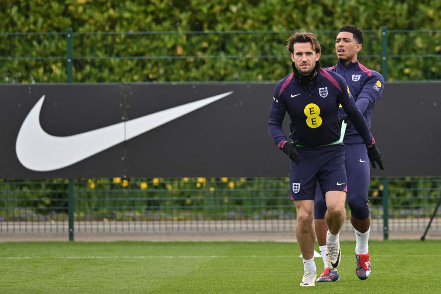 England's defender #03 Ben Chilwell (L) England's midfielder #10 Jude Bellingham attend a team training session at the Tottenham Hotspur Training Ground, in Enfield, north London on March 25, 2024, on the eve of their International friendly football match against Belgium. - AFP pic
