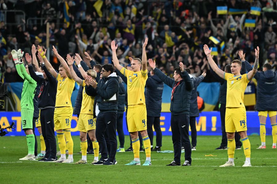 Ukraine's players celebrate after the UEFA's EURO 2024 qualification final play off football match between Ukraine and Iceland, in Wroclaw, Poland, on March 26, 2024. - AFP pic