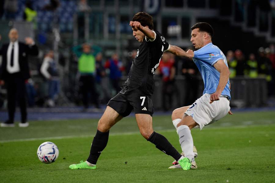 Juventus' Italian forward #07 Federico Chiesa fights for the ball with Lazio's Italian defender #15 Nicolo Casale during the Italian Serie A football match between Lazio and Juventus at the Olympic stadium in Rome, on March 30, 2024. - AFP pic
