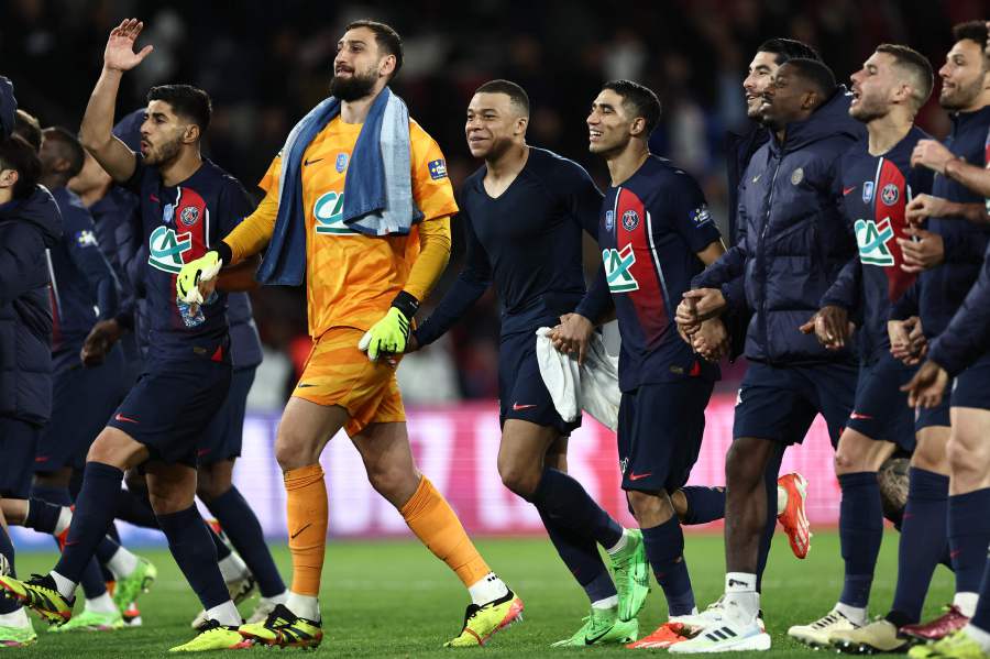 Paris Saint-Germain's French forward #07 Kylian Mbappe (3L) celebrates with his teammates at the end of the French Cup (Coupe de France) semi final football match between Paris Saint-Germain (PSG) and Stade Rennais FC on April 3, 2024. - AFP pic
