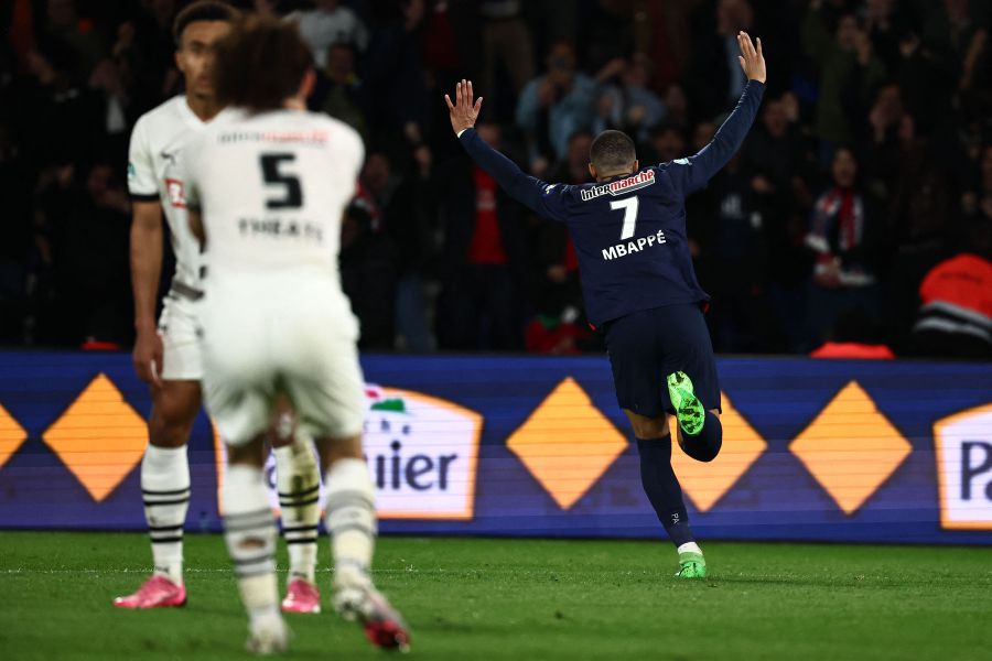Paris Saint-Germain's French forward #07 Kylian Mbappe celebrates after scoring his team's opening goal during the French Cup (Coupe de France) semi final football match between Paris Saint-Germain (PSG) and Stade Rennais FC on April 3, 2024. - AFP pic