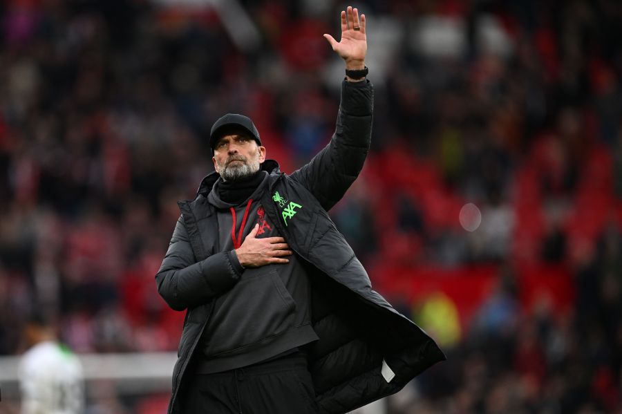 Liverpool's German manager Jurgen Klopp gestures to fans after the English Premier League football match between Manchester United and Liverpool. - AFP pic
