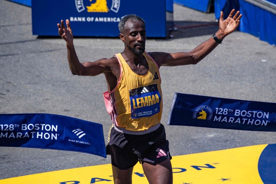 Sisay Lemma of Ethiopia takes first place in the men’s professional field during the 128th Boston Marathon in Boston, Massachusetts, on April 15, 2024. - AFP pic