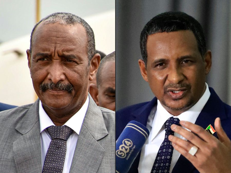 This combination of pictures created on April 18, 2023 shows Sudan's army chief, Lieutenant-General Abdel Fattah al-Burhan (L), in Juba on October, 14, 2019 and Mohamed Hamdan Daglo (R), who commands the paramilitary Rapid Support Forces (RSF), addressing the media upon his return from Russia at Khartoum airport on March 2, 2022. -  AFP Pic